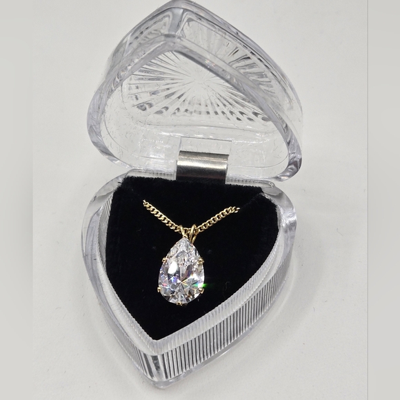 Unlisted Jewelry - Gold Necklace with Clear Cubic Zirconia Teardrop Pendant Non-Tarnish